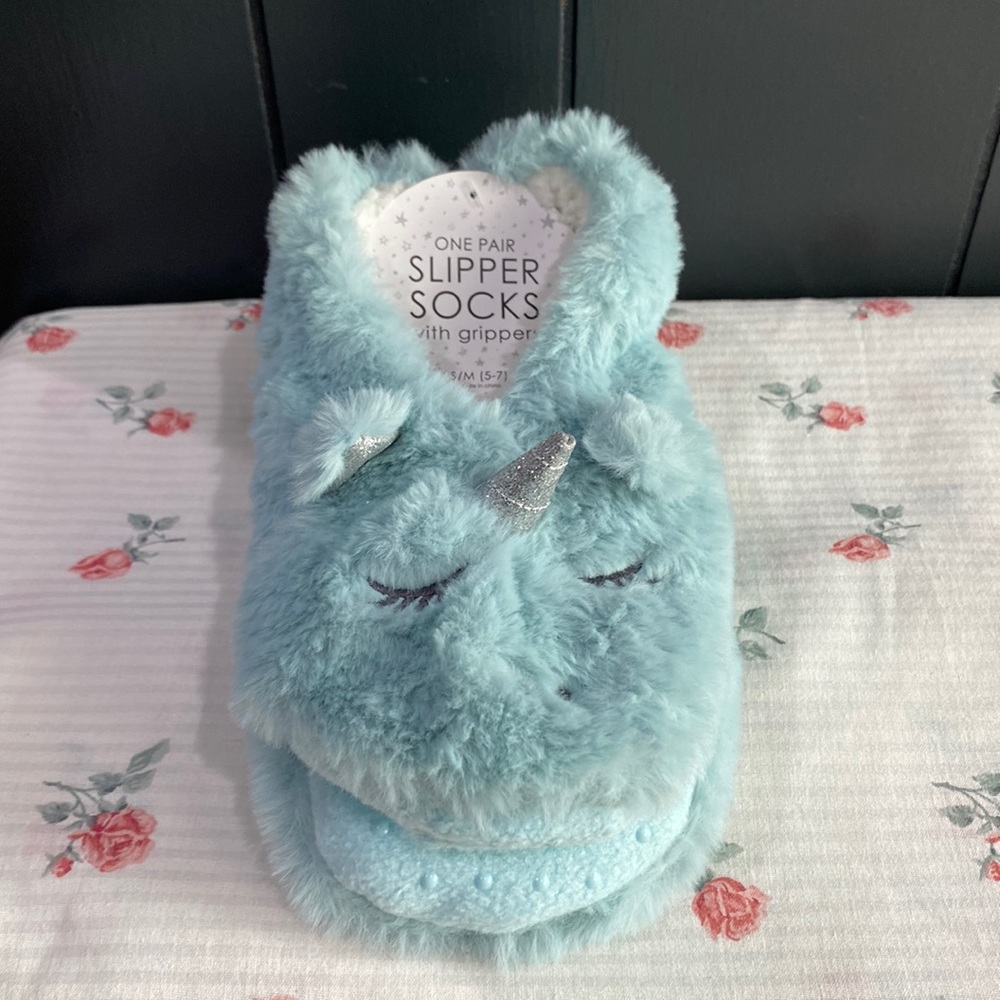Faux Fleece lined Blue Slipper socks with Grippers